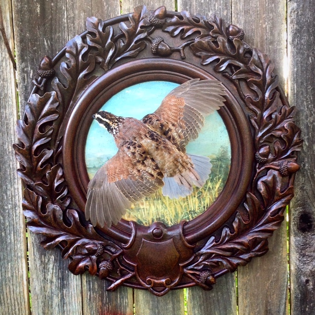flying quail on hand painted oak leaf panel