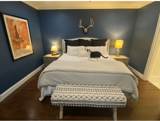 What an inspiration room!  Grand Mule Deer antlers in their natural aged patina go beautifully on our Monogram Legacy panel and cover done in natural linen on the Blackberry panel.  The colors in this room are stunning! 