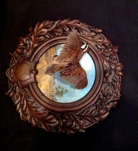 Bob White Quail on hand painted Oak Leaf Panel by Rita Schimpff for Heritage Game Mounts