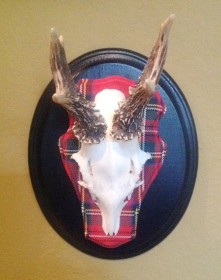 Royal Roe deer set on Royal Stewart tartan fabric.